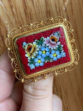 Vintage Italian Micro Mosaic Floral Brooch - Red & Gold